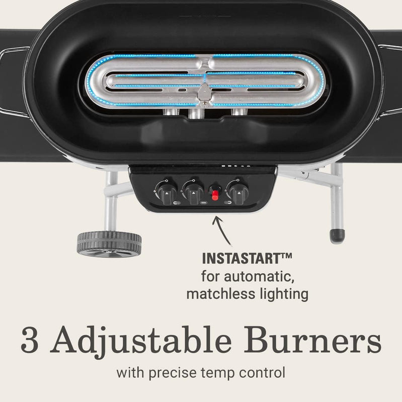 RoadTrip Portable Stand-Up Propane Grill With 3 Adjustable Burners And Instastart Ignition, 20,000 BTUs Of Power For Outdoor Cooking