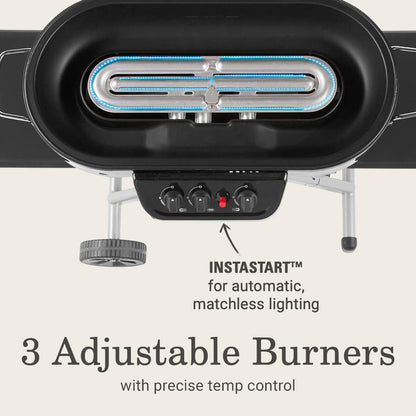 RoadTrip Portable Stand-Up Propane Grill With 3 Adjustable Burners And Instastart Ignition, 20,000 BTUs Of Power For Outdoor Cooking